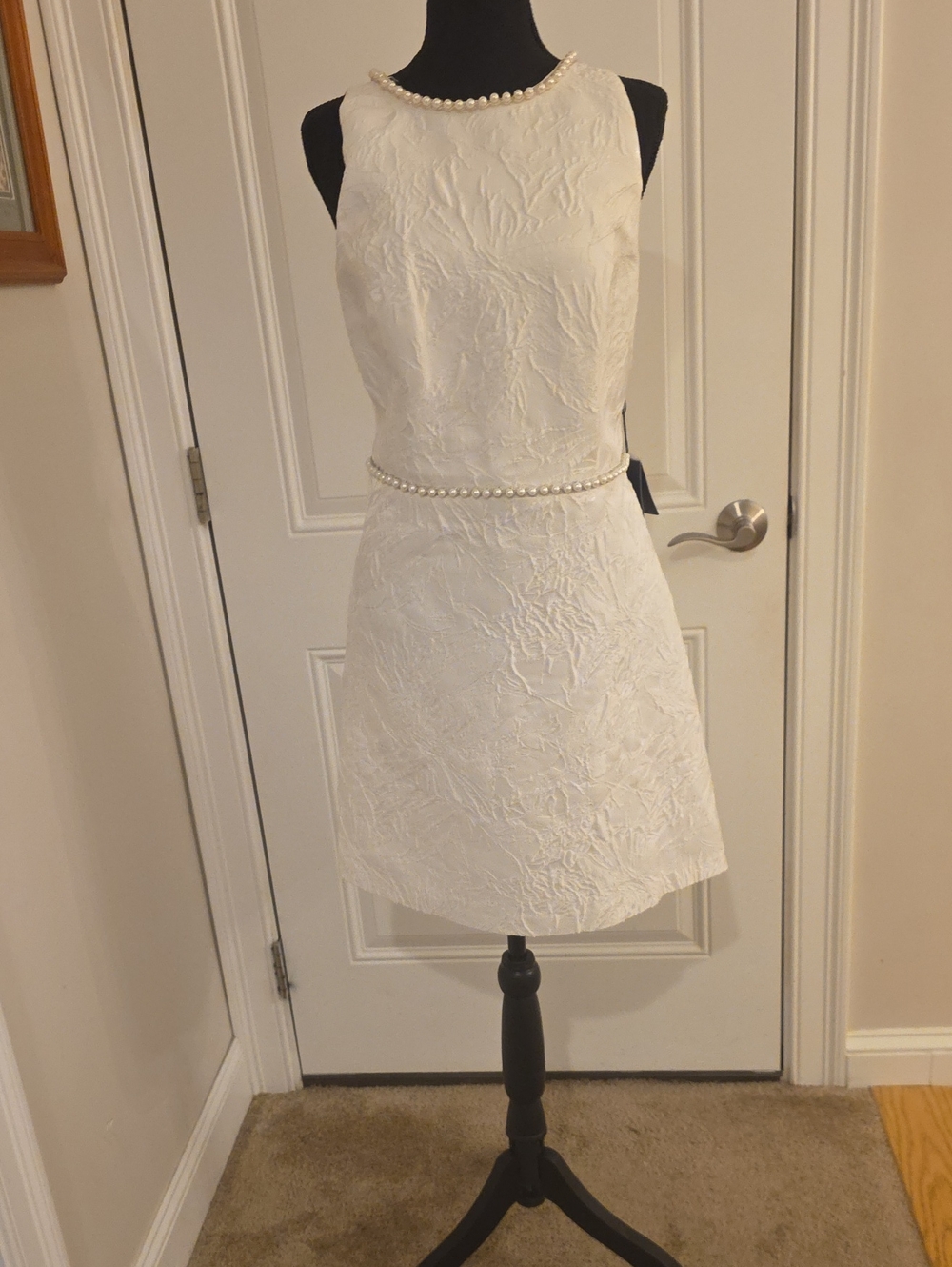 Adrianna Papell Luxurious Cream White Pearl-Trim Mini Dress at Knee Length Sz.14
